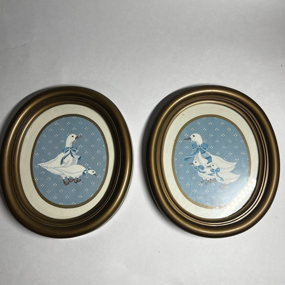 Vtg 1980s Homco Country Geese Wall Art Set 2 Gold Oval Frames Blue Ribbon Goose